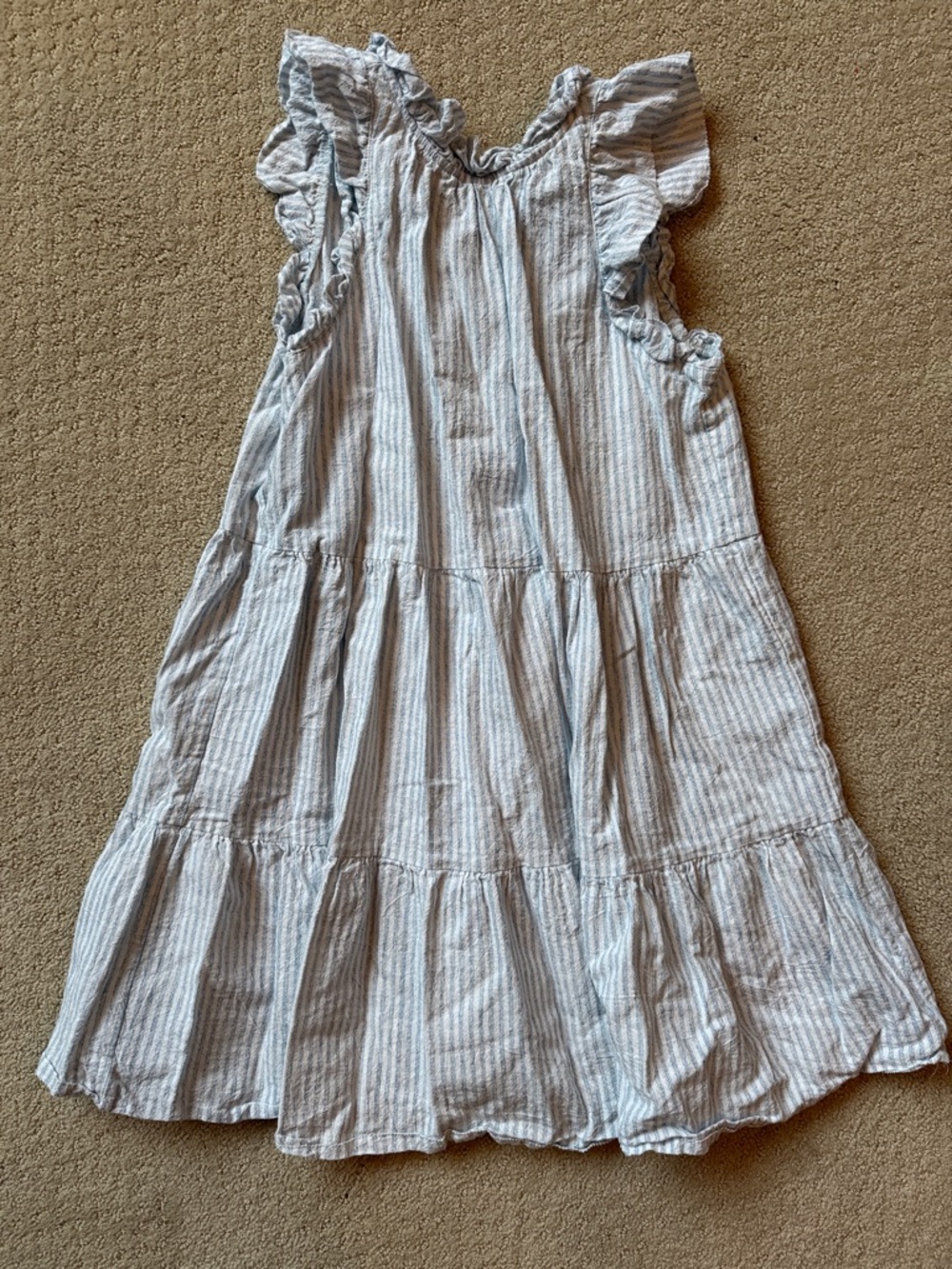 SAYLOR Pale Blue chambray and White linen Stripe Ruffle Mini Dress